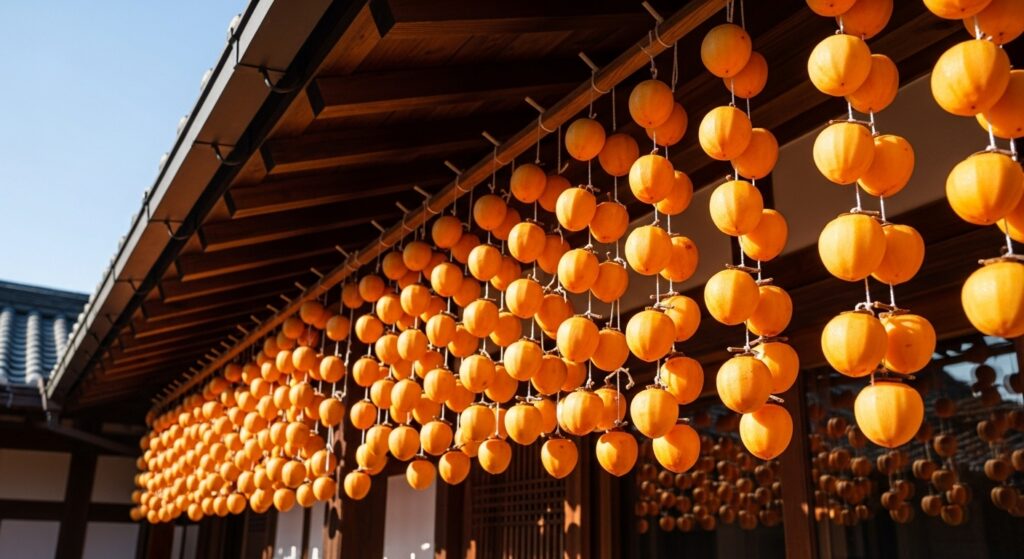 Traditional Korean gotgam dried persimmons hanging in winter