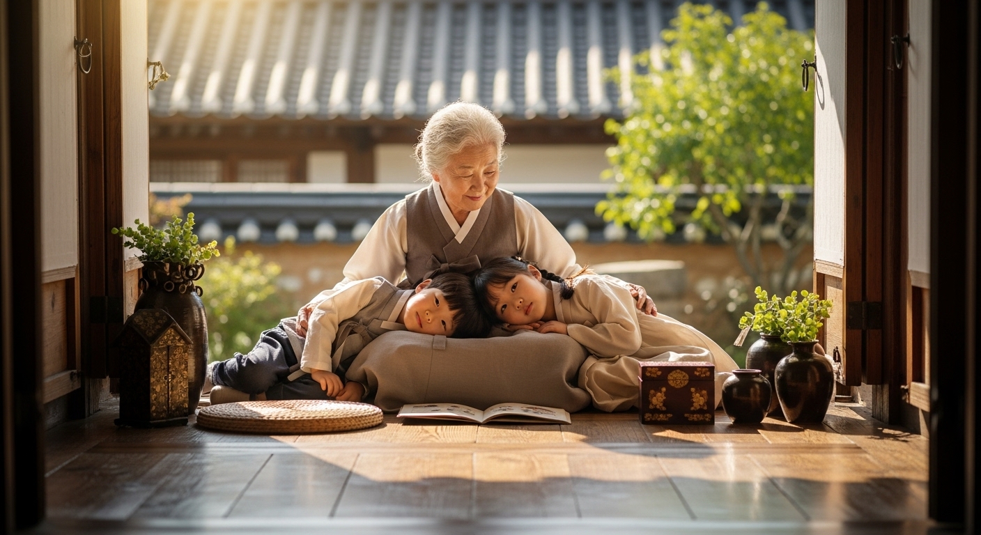 Korean grandmother telling stories to children in traditional hanok house