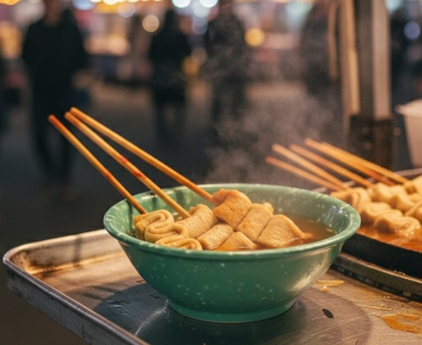 Eomuk Korean fish cake skewers in bowl with hot savory broth