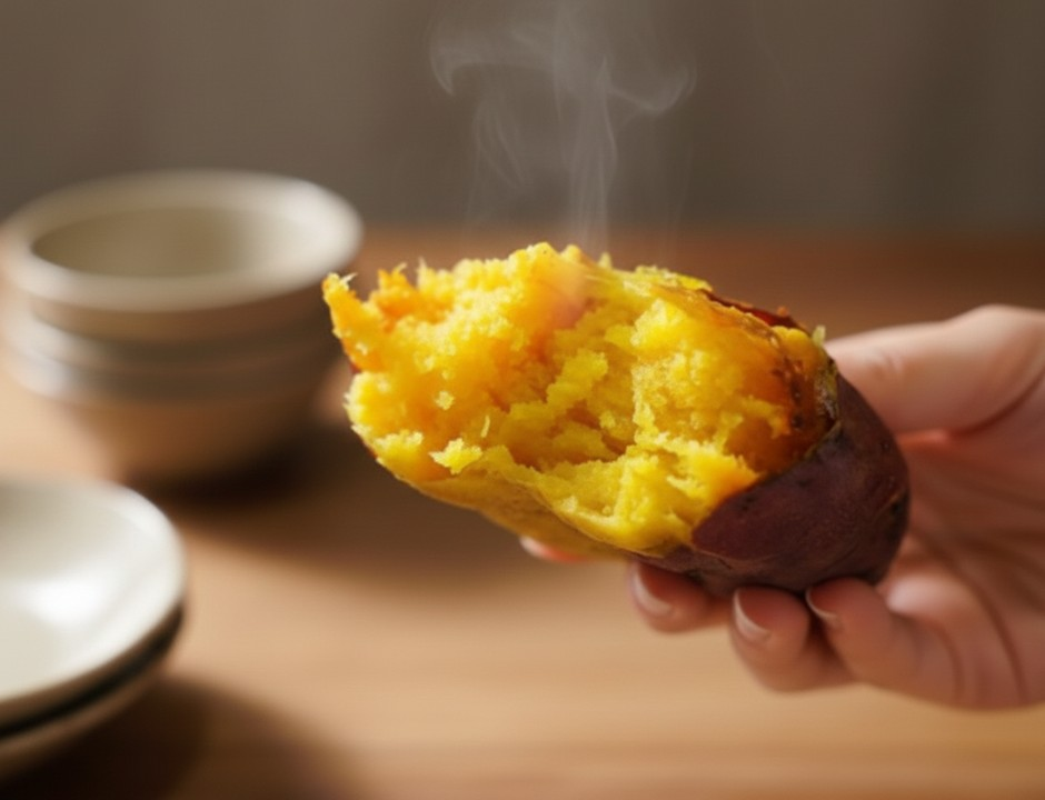Steaming hot gun-goguma Korean roasted sweet potato with charred skin winter snack