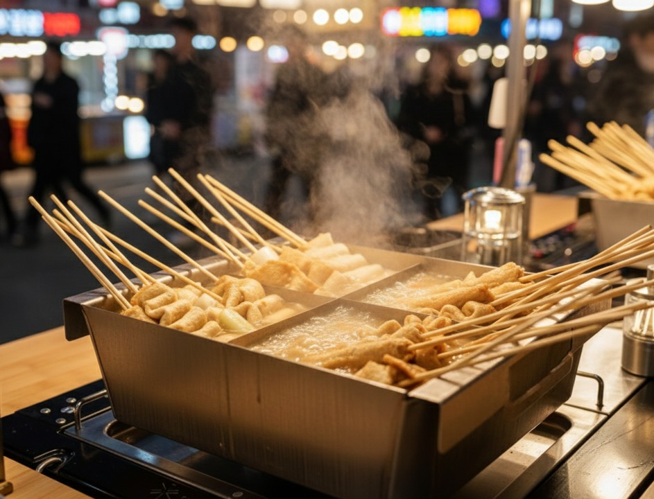 Korean street food eomuk fish cake skewers in steaming broth winter snack