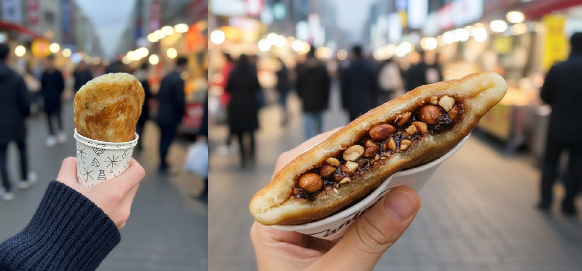 Korean street food hotteok sweet pancake held in paper cup and cross section showing seed filling