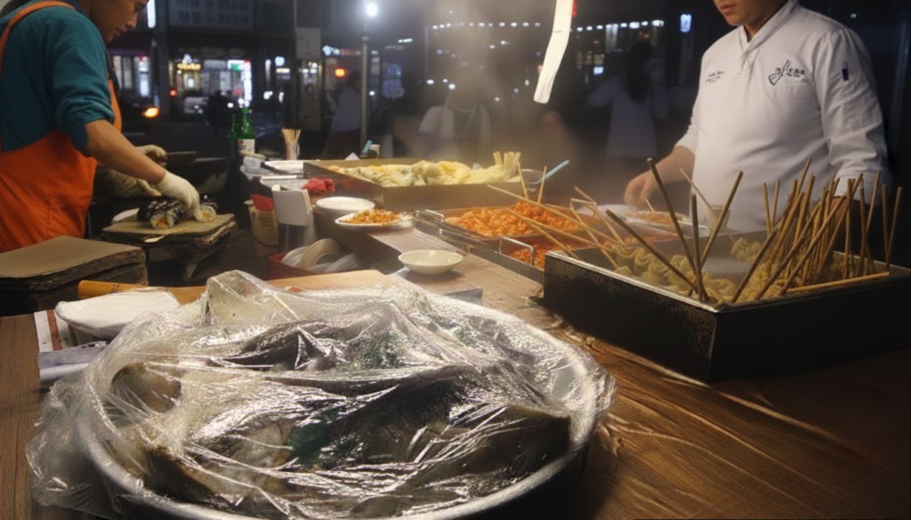 Korean street food pojangmacha cart selling tteokbokki sundae eomuk rice cakes fish cakes