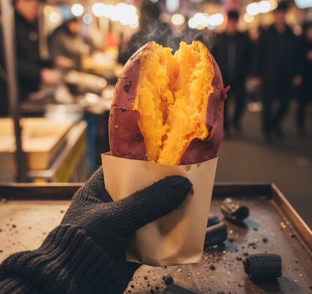 Gun-goguma roasted sweet potato street vendor selling Korean winter snacks in metal drum