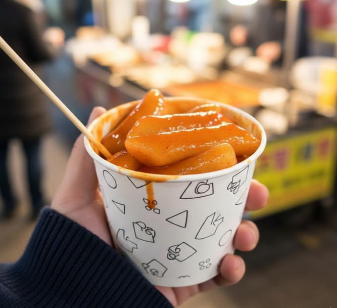 Person eating tteokbokki spicy Korean rice cakes in paper cup on street