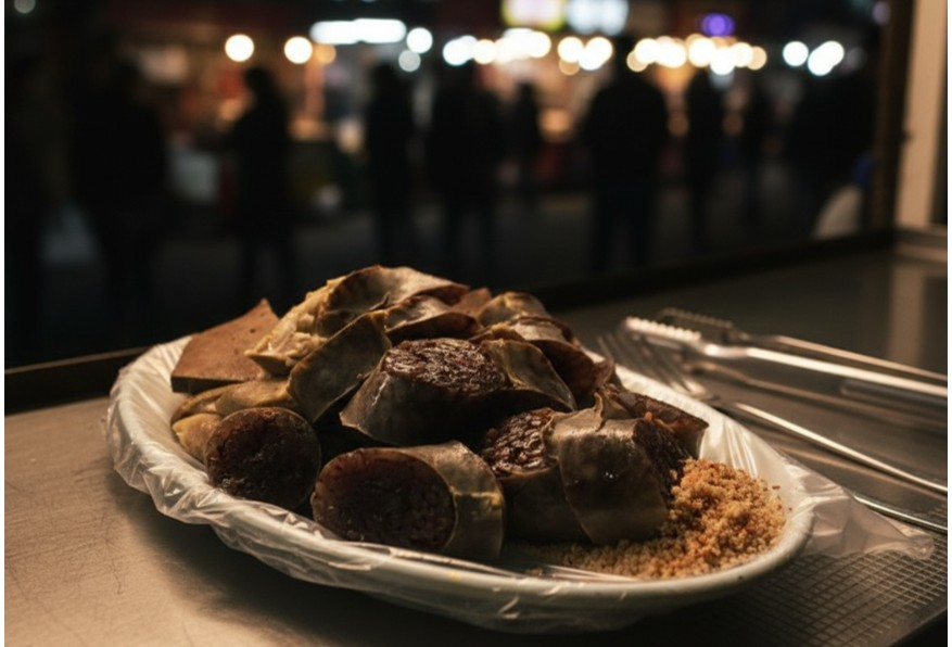 Sundae Korean blood sausage sliced and served with salt and pepper dipping