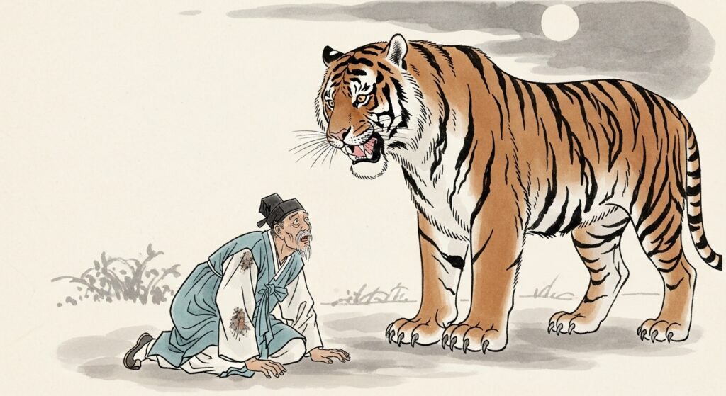 Hojil Korean tiger wisdom scene with tiger judging human