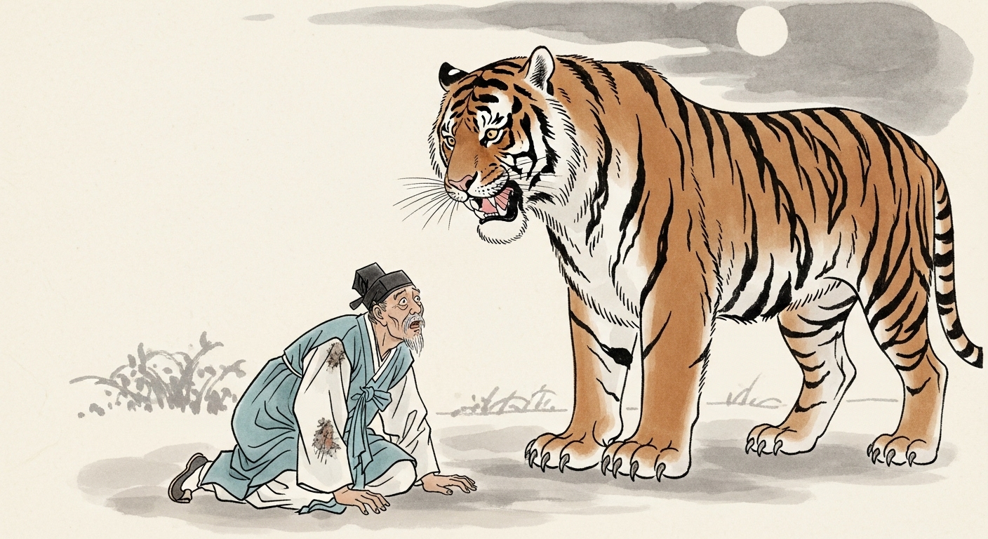 Hojil Korean tiger wisdom scene with tiger judging human