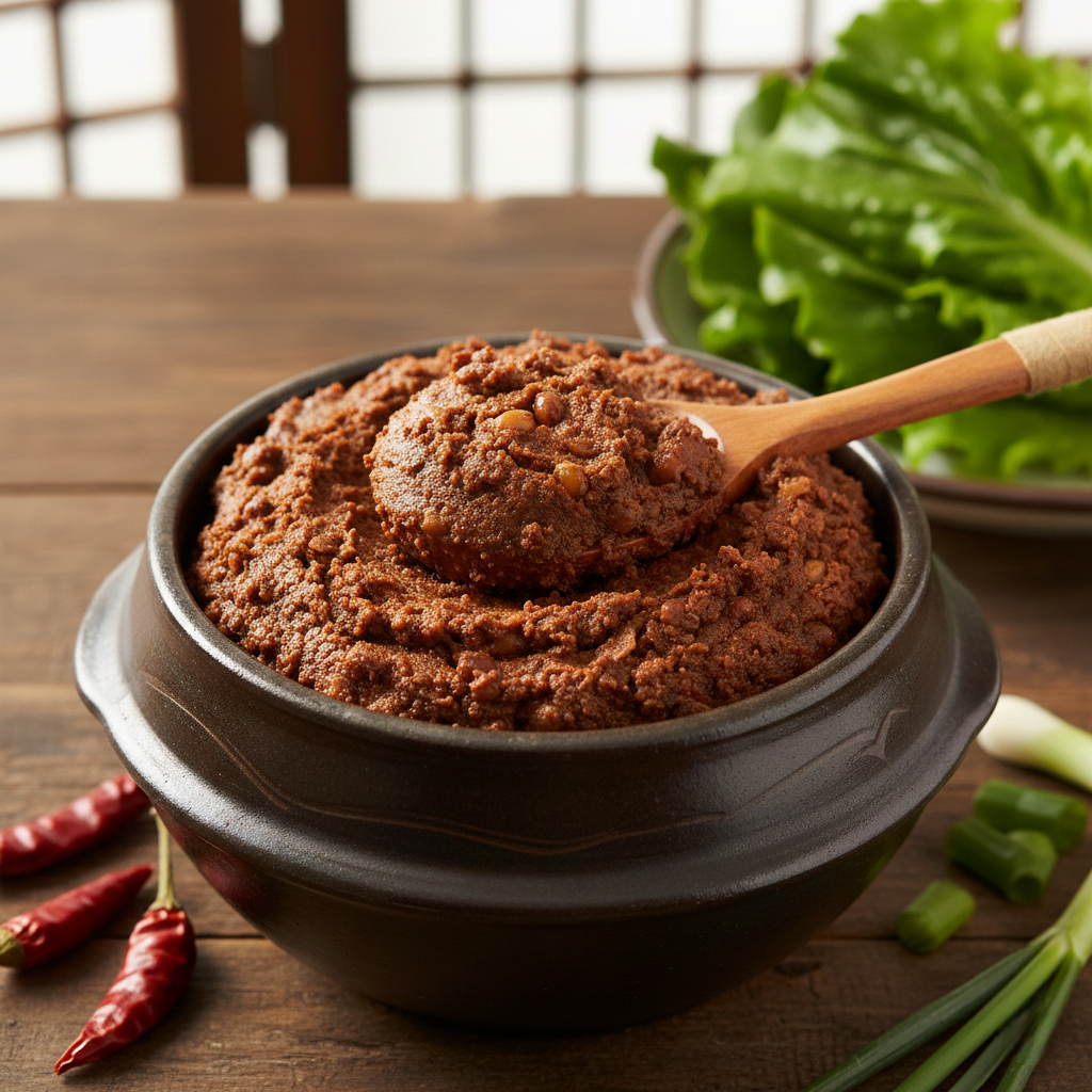 Traditional doenjang Korean fermented paste in earthenware bowl with authentic texture
