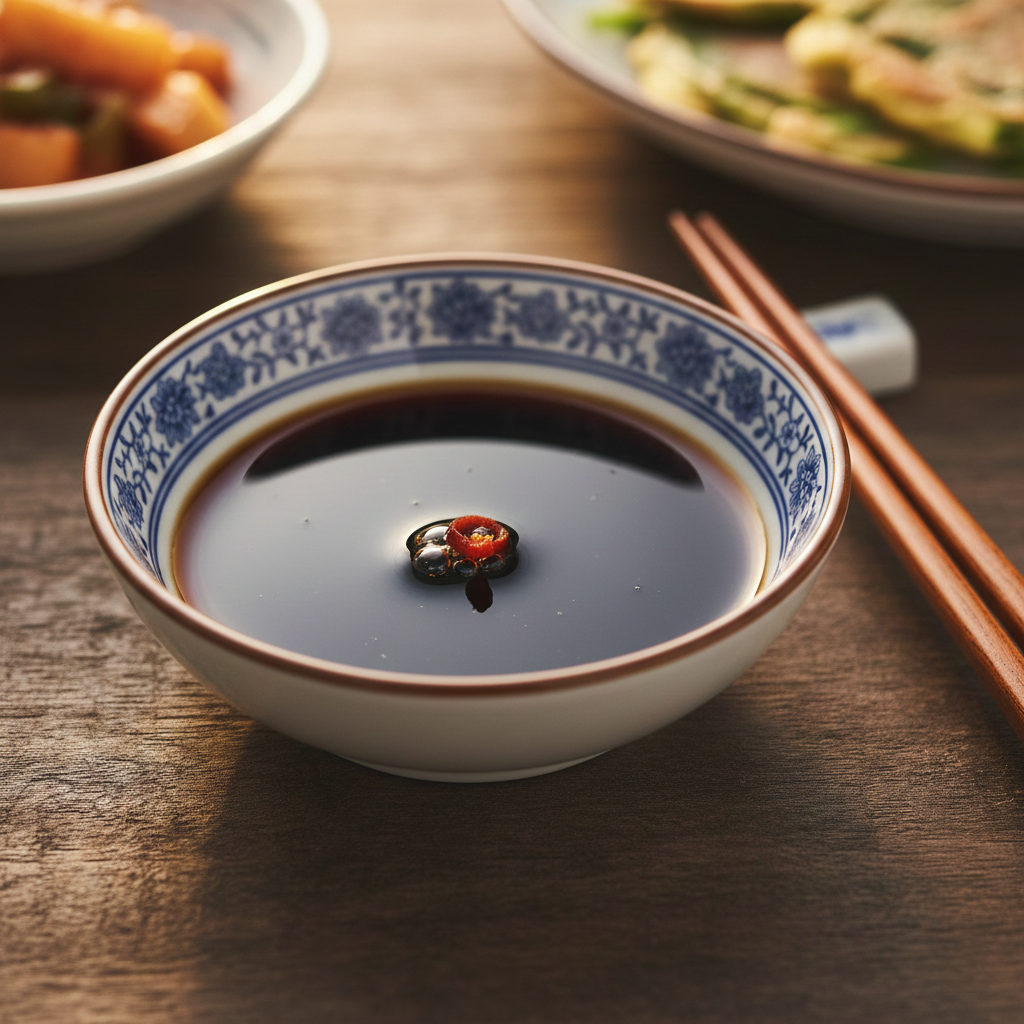 Korean ganjang soy sauce in traditional blue and white ceramic dish with chopsticks on wooden table