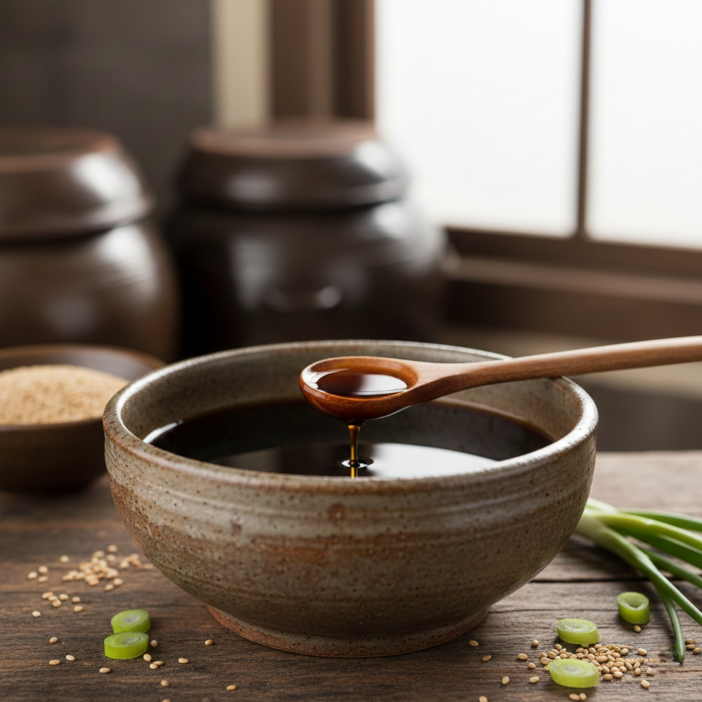 Traditional Korean ganjang fermented soy sauce in ceramic bowl
