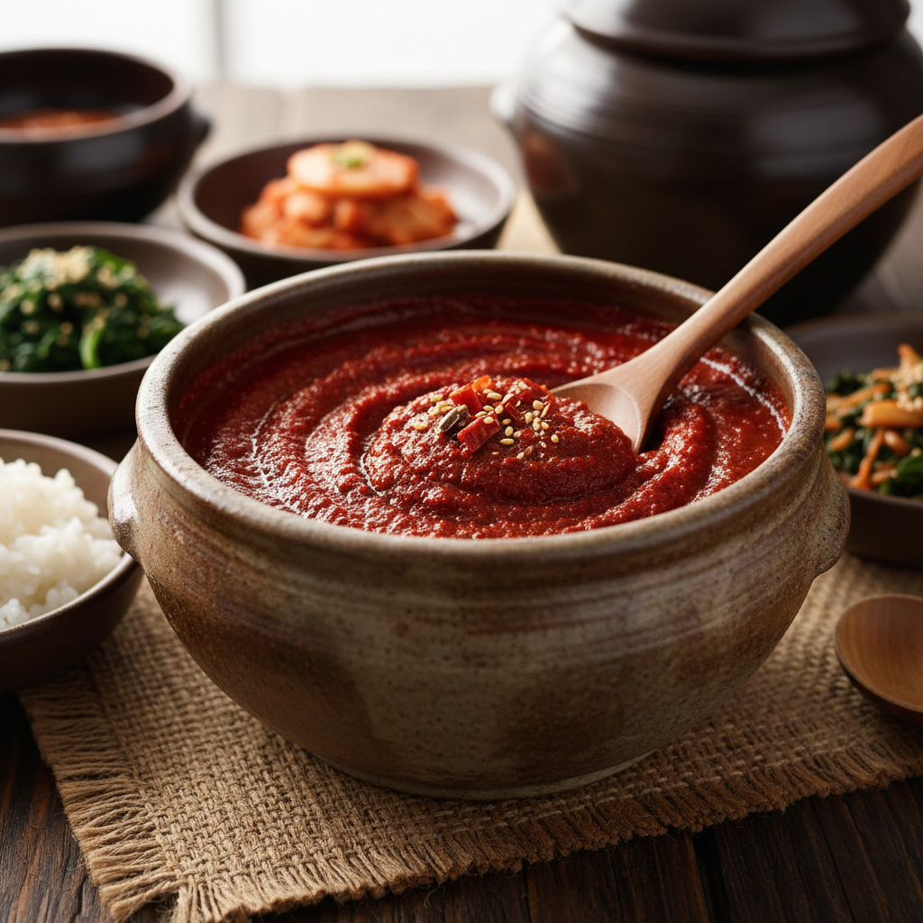 Traditional Korean gochujang fermented chili paste in bowl with glossy texture