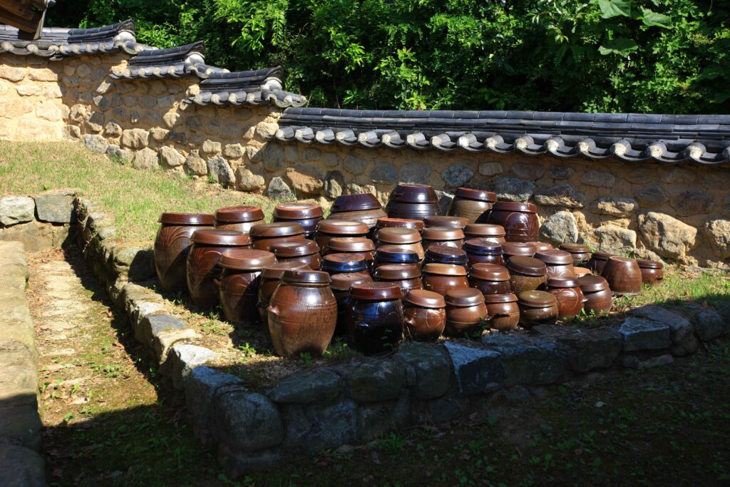Korean jangdokdae fermented sauce platform with earthenware pots