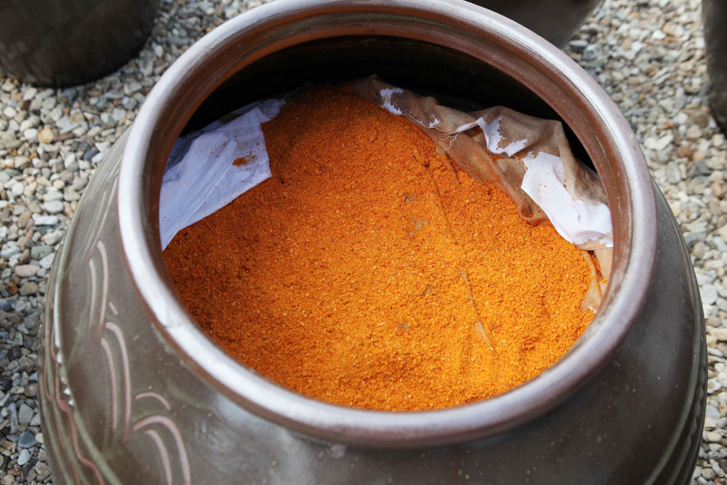 Traditional Korean onggi earthenware jars for fermenting doenjang outdoors in natural sunlight