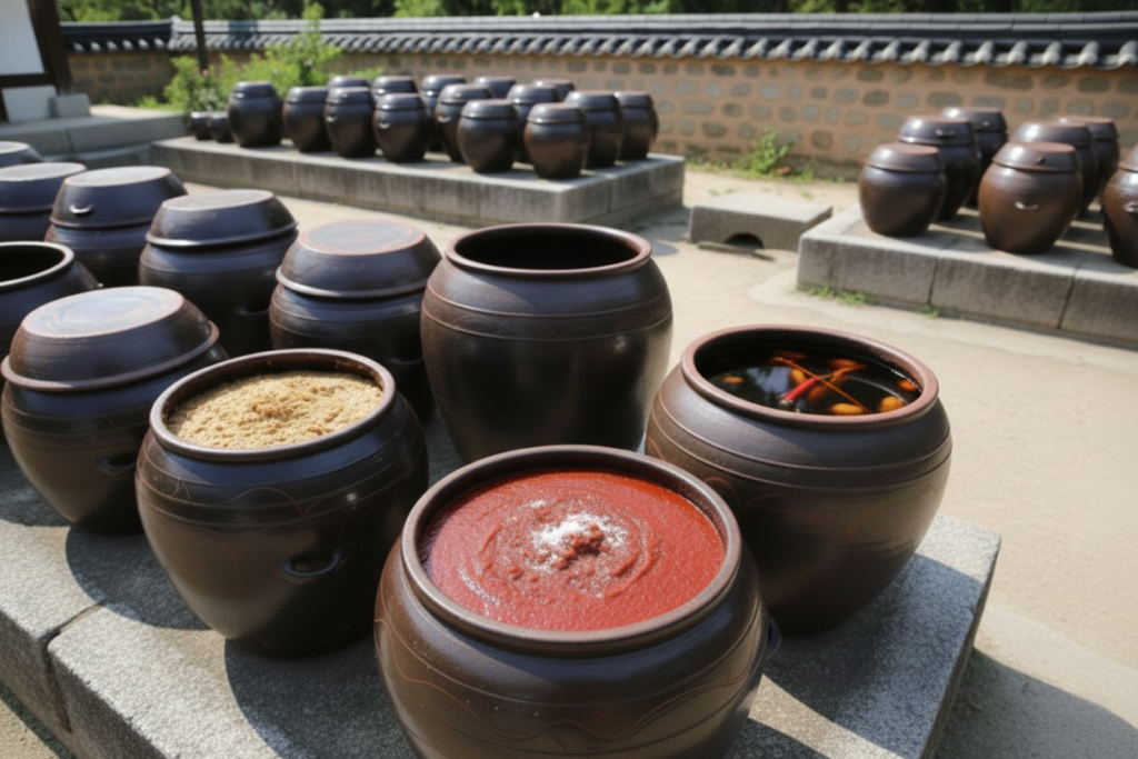 Three essential Korean fermented sauces: ganjang, doenjang, gochujang