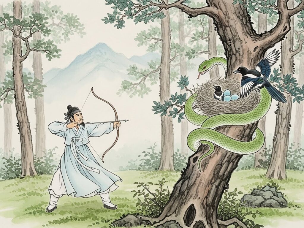 Grateful Magpies Korean folktale illustration mother magpie ringing temple bell sacrifice story