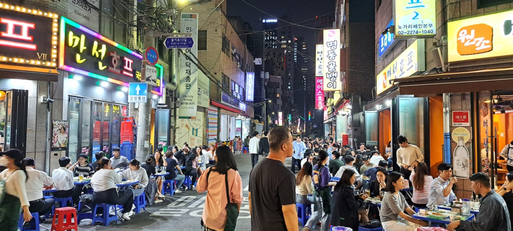 Euljiro street bars in Seoul at night where golbaengi muchim became Korea's favorite drinking snack in the 1970s