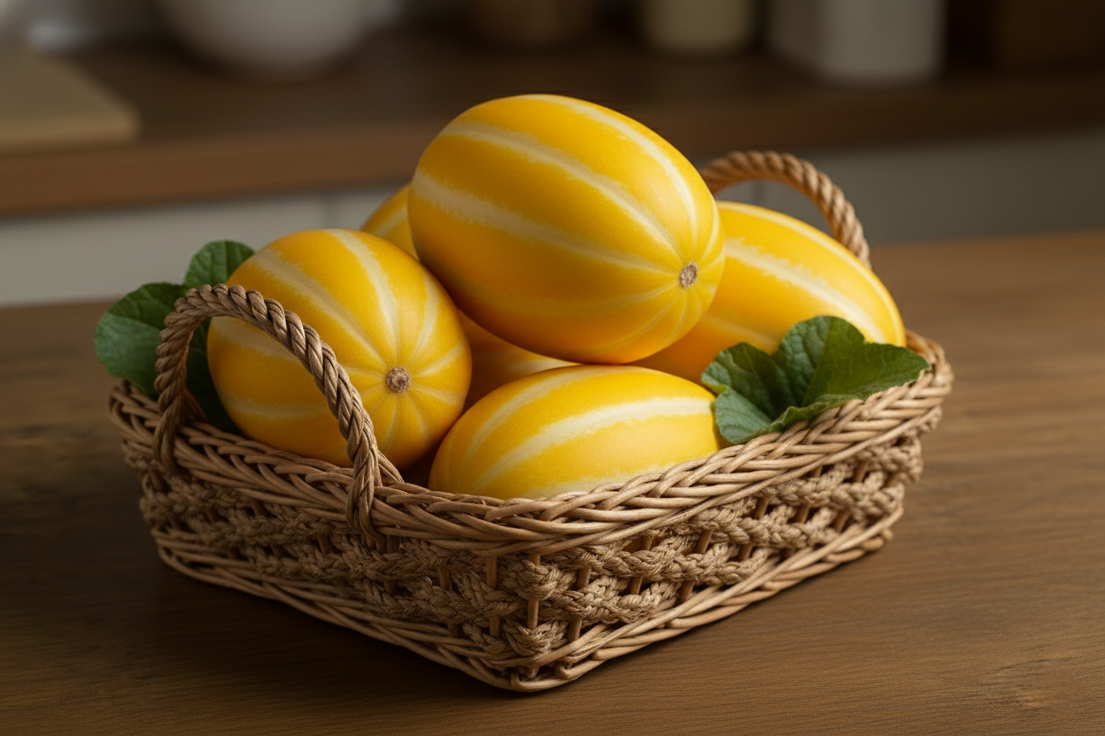 Fresh Korean melon chamoe in wicker basket yellow striped summer fruit
