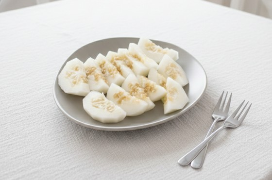 Korean melon chamoe sliced horizontally on plate with forks showing edible seeds