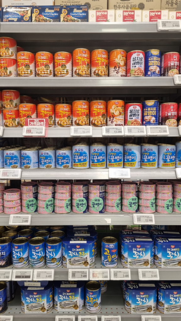 Korean supermarket seafood section showing various brands of canned golbaengi (sea snails), mackerel and saury - golbaengi is a staple item in Korean grocery stores