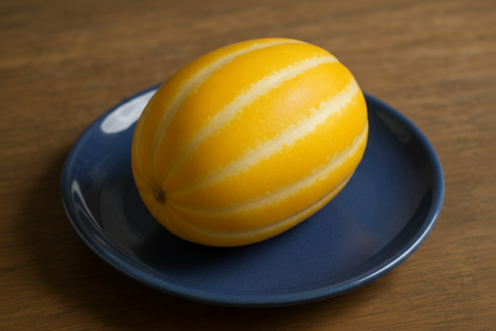 Whole Korean melon chamoe with bright yellow skin and white stripes on plate