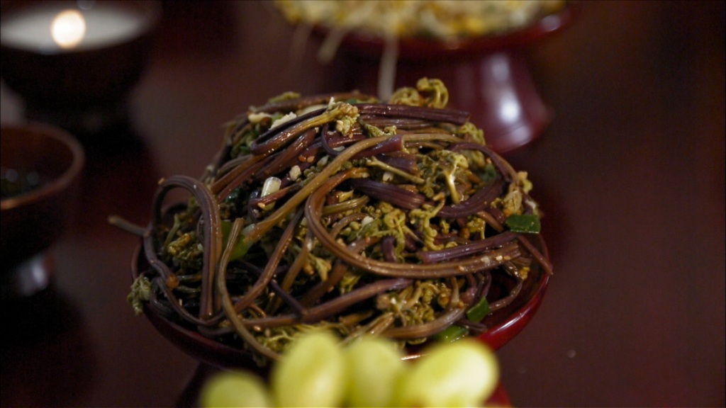 Korean gosari namul (bracken fern side dish) - properly prepared brown spring greens after boiling and soaking to remove toxins