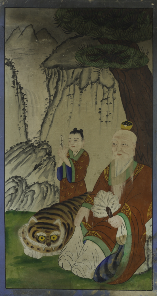 Korean Sanshin mountain god painting with tiger companion, depicting the sacred role of tigers in Korean shamanism