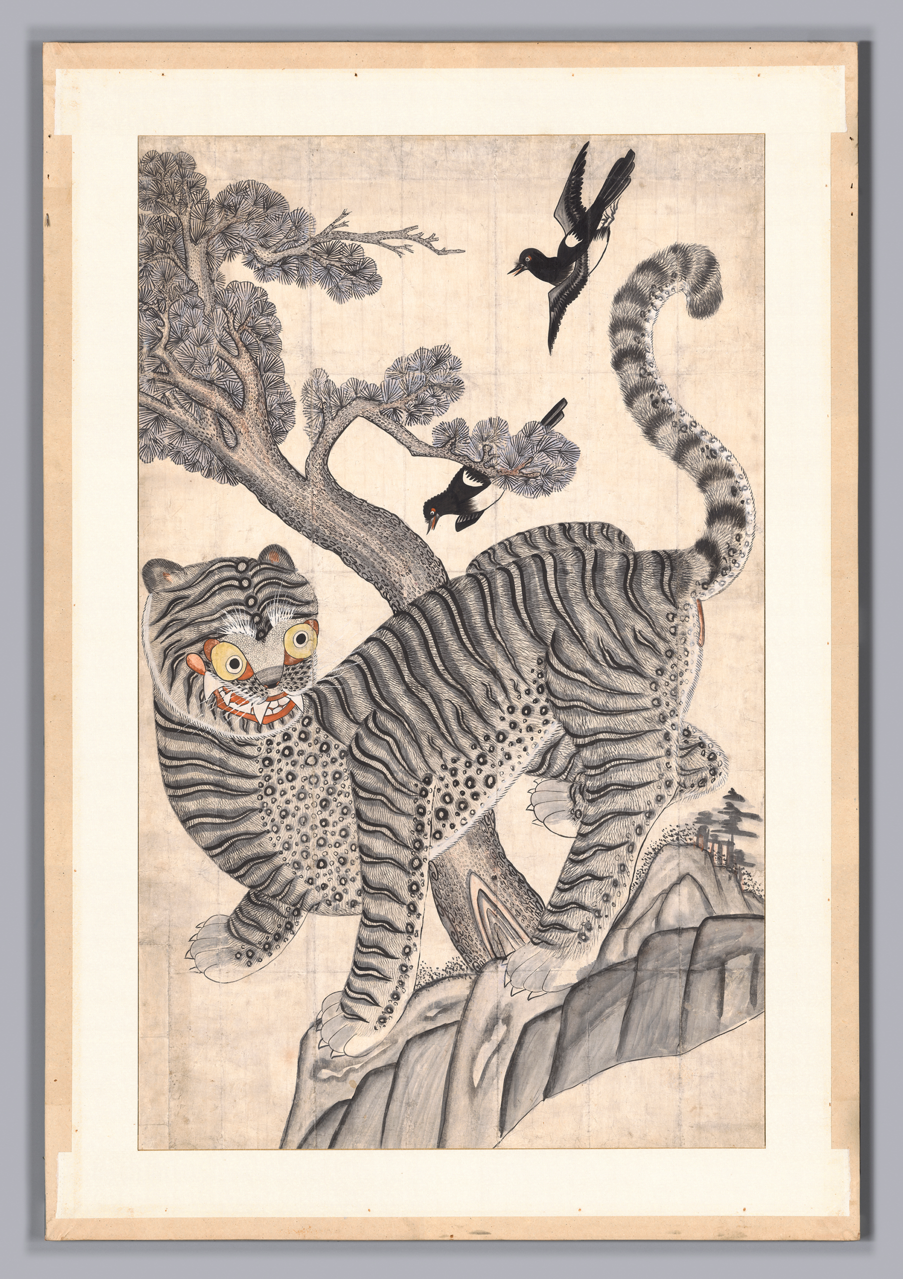 Korean minhwa folk painting of tiger and magpie, representing the humor and symbolism of tigers in Korean culture