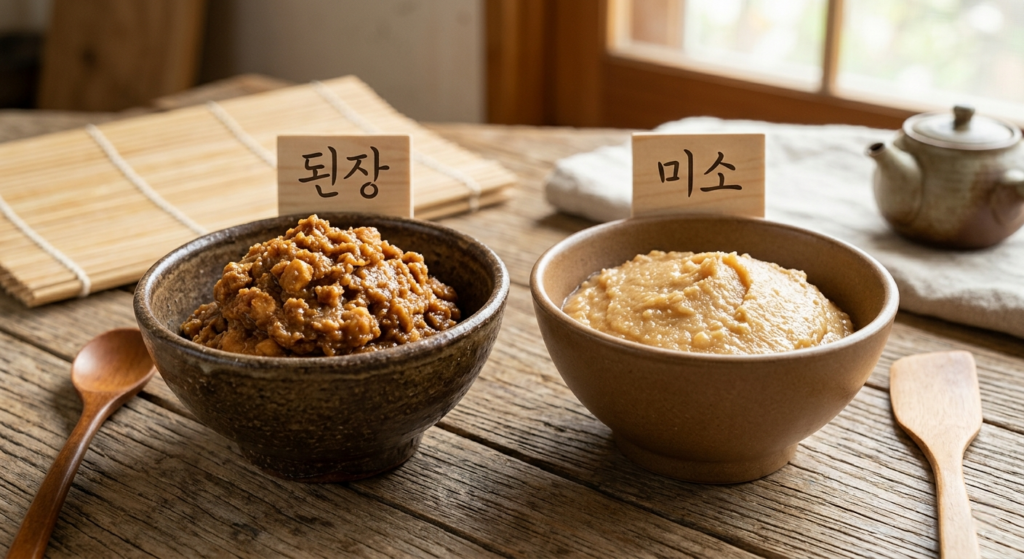 Side-by-side comparison of Korean doenjang (된장) and Japanese miso — doenjang has a chunkier, darker texture while miso is smoother and lighter
