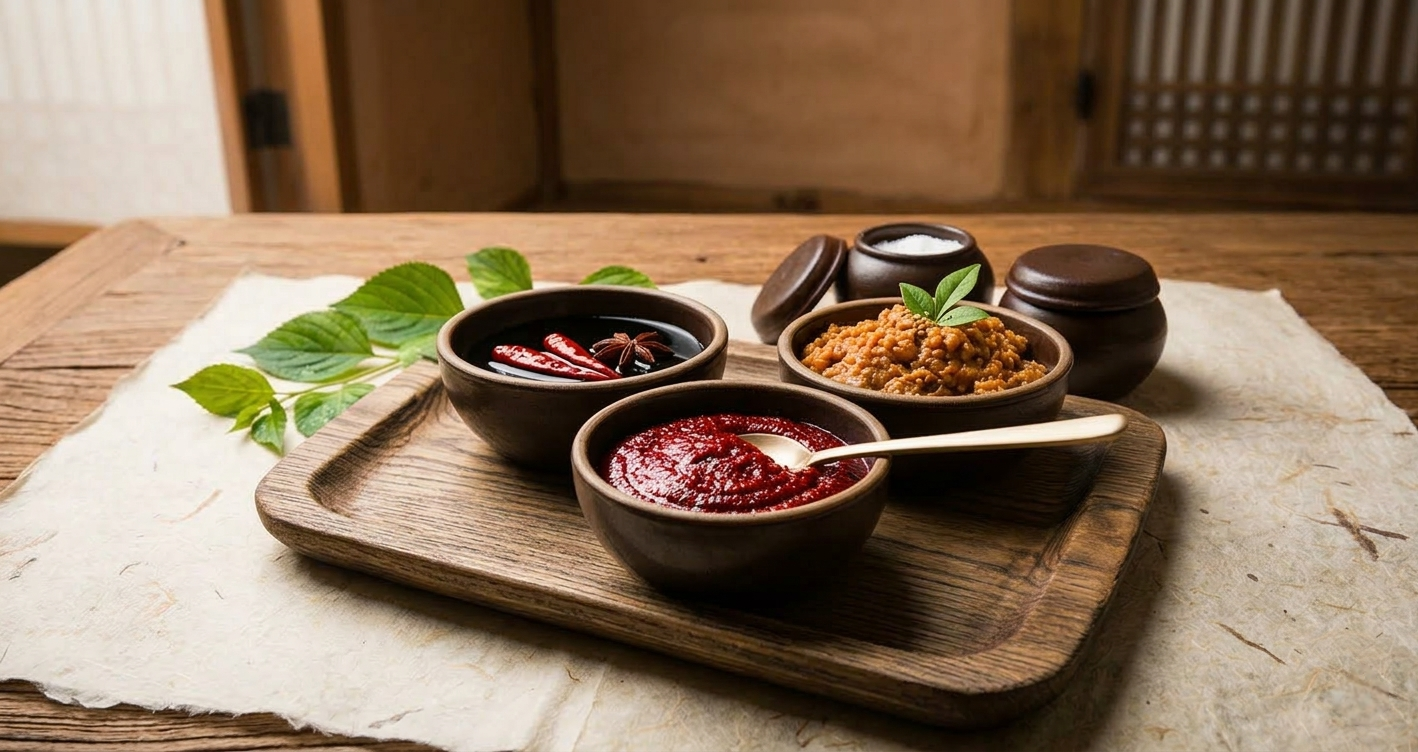 Three Korean sauces — gochujang, ganjang, and doenjang — served in traditional wooden bowls on a rustic tray