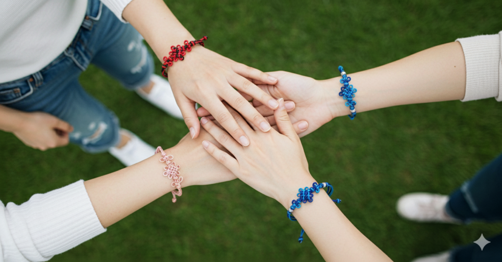 Four friends wearing Korean maedeup knot bracelets in different colors, representing connection and friendship
