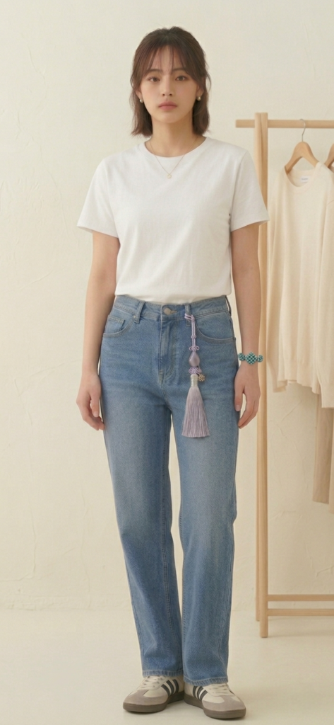 Korean maedeup tassel charm and knot bracelet styled with everyday casual outfit, showing traditional Korean craft in modern wear