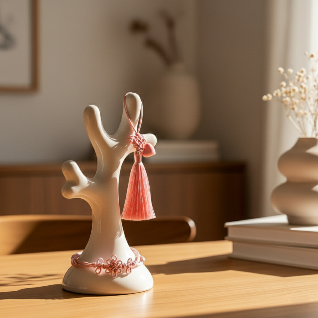 Korean maedeup knot bracelet and tassel charm displayed on jewelry stand, handmade in Korea
