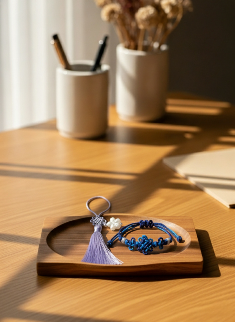 Traditional Korean maedeup bracelet and norigae tassel charm placed on wooden tray, handcrafted using ancient Korean knotting technique