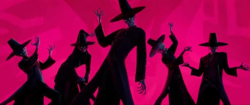 The five Saja Boys posing in dark robes and gat hats in KPop Demon Hunters