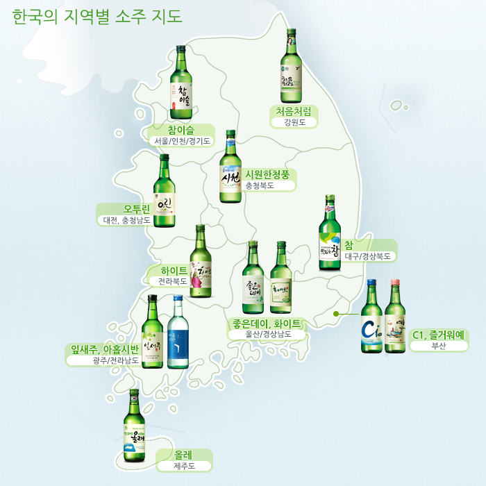 Map of South Korea showing regional soju brands by province
