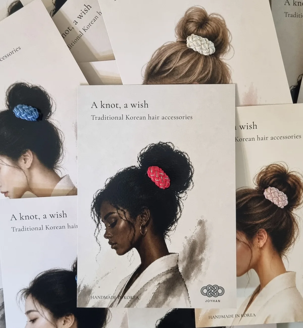 JOY-HAN Korean maedeup knot hair ties in red, blue, cream, and pink shown on packaging cards with models of different hair types
