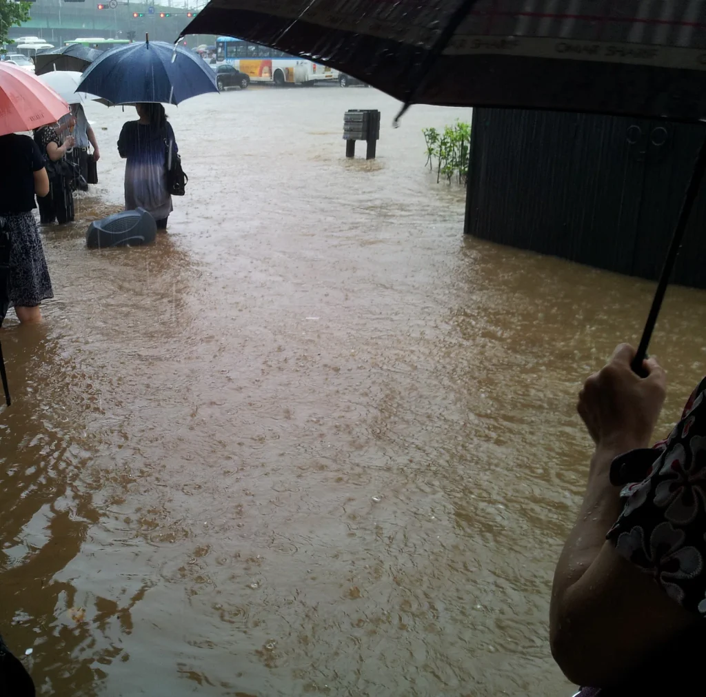 People standing in knee-deep brown floodwater under umbrellas on a Seoul street, waiting, 27 July 2011